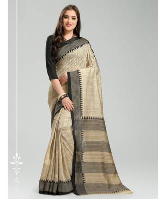 Beige Printed Bhagalpuri Silk saree with blouse with blouse 1