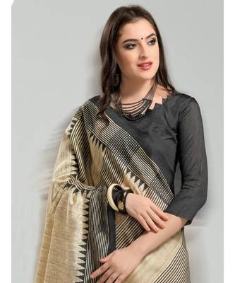 Beige Printed Bhagalpuri Silk saree with blouse with blouse 2