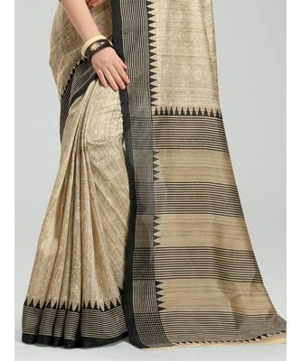Beige Printed Bhagalpuri Silk saree with blouse with blouse 3