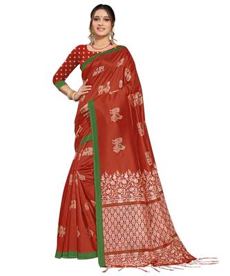 Brown plain art silk saree with blouse with blouse 1