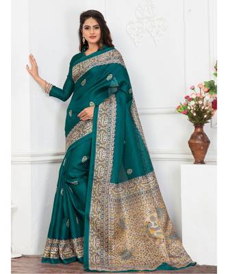 green printed cotton saree with blouse with blouse 1