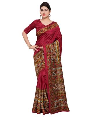 Maroon Printed Bhagalpuri Silk saree with blouse with blouse 1