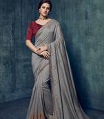 Grey embroidered silk saree with blouse