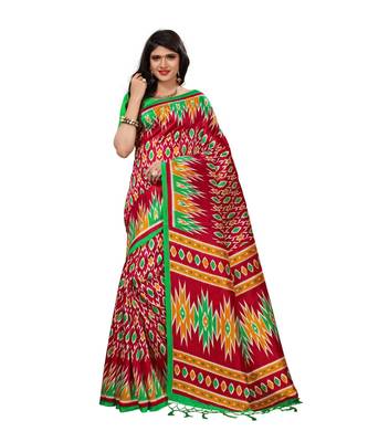 Red Printed art silk saree with blouse with blouse 1