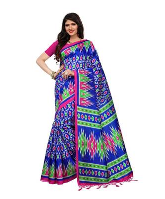 Blue Printed art silk saree with blouse with blouse 1