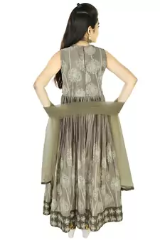Grey Printed and Embroidered Chiffon Comtemporary Gown