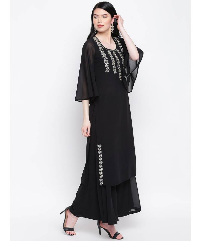 Black georgette sequence work kurti with flared palazzo
