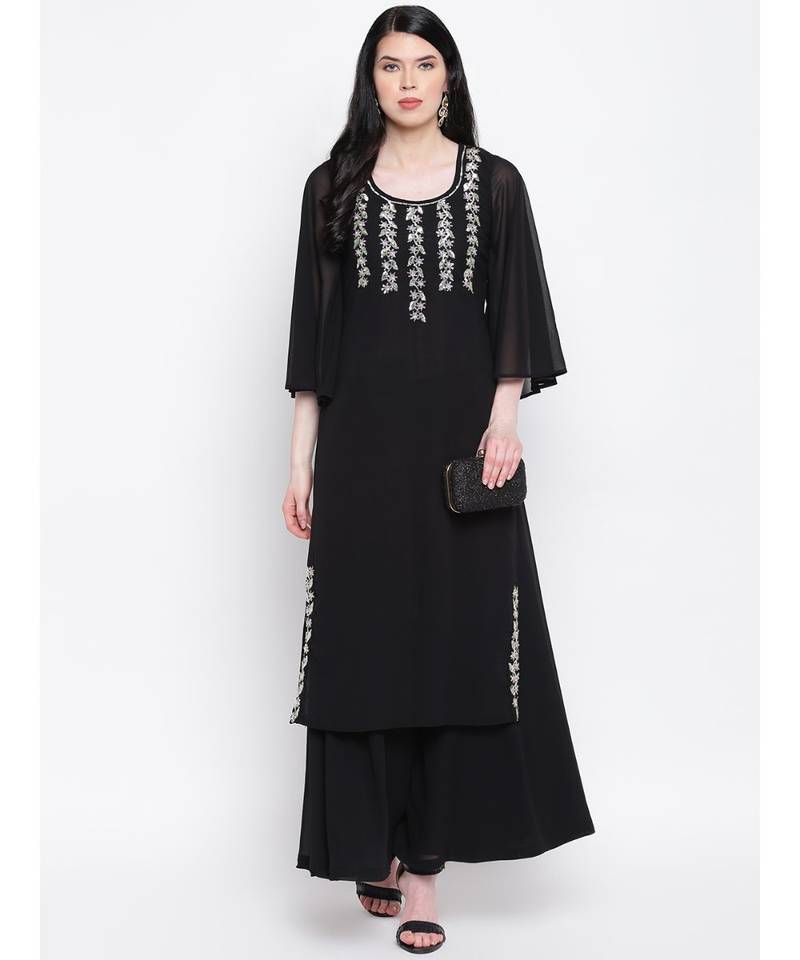 Black georgette sequence work kurti with flared palazzo