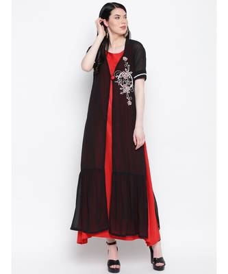 Black georgette hand embroided poth motee shrug with red rayon cotton gown 1