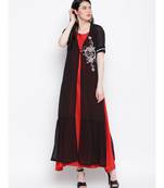 Black georgette hand embroided poth motee shrug with red rayon cotton gown