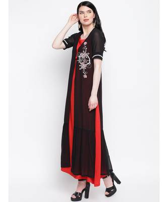 Black georgette hand embroided poth motee shrug with red rayon cotton gown 2