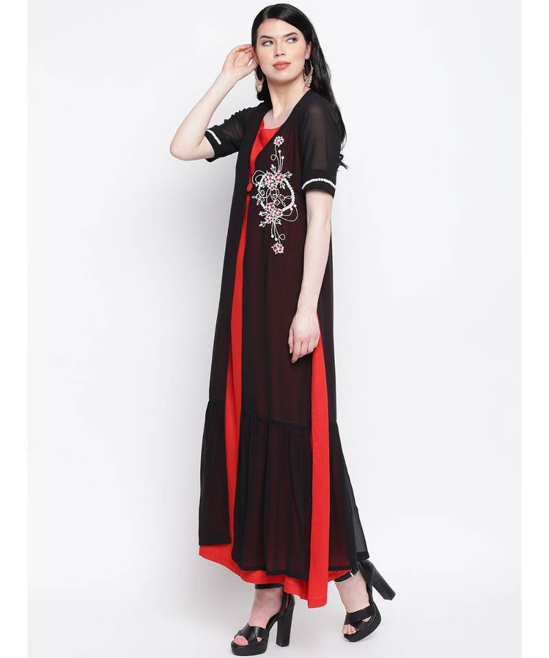 Black georgette hand embroided poth motee shrug with red rayon cotton gown