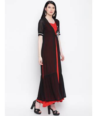 Black georgette hand embroided poth motee shrug with red rayon cotton gown 3