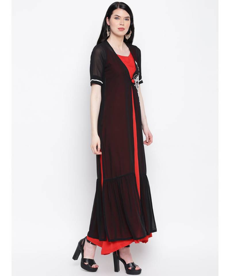 Black georgette hand embroided poth motee shrug with red rayon cotton gown