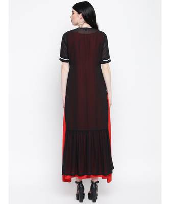 Black georgette hand embroided poth motee shrug with red rayon cotton gown 4