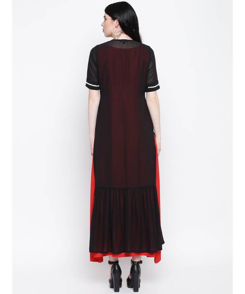Black georgette hand embroided poth motee shrug with red rayon cotton gown