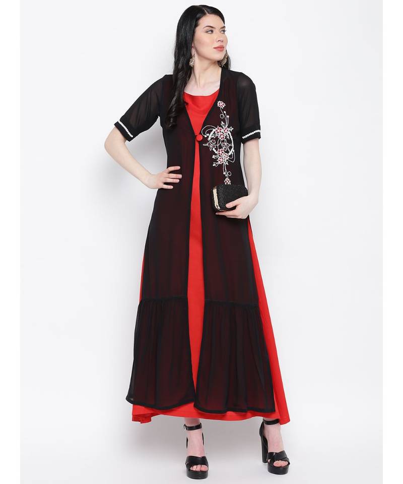 Black georgette hand embroided poth motee shrug with red rayon cotton gown