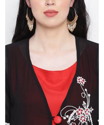 Black georgette hand embroided poth motee shrug with red rayon cotton gown 6
