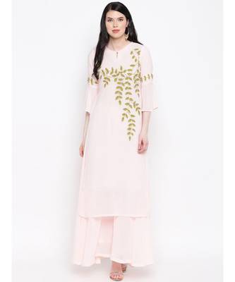 Georgette peach colour hand embroided kurti with flared palazzo 1