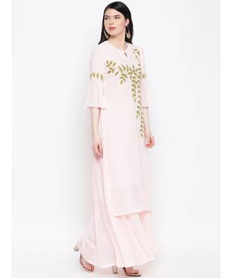 Georgette peach colour hand embroided kurti with flared palazzo 2