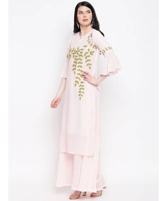 Georgette peach colour hand embroided kurti with flared palazzo 3