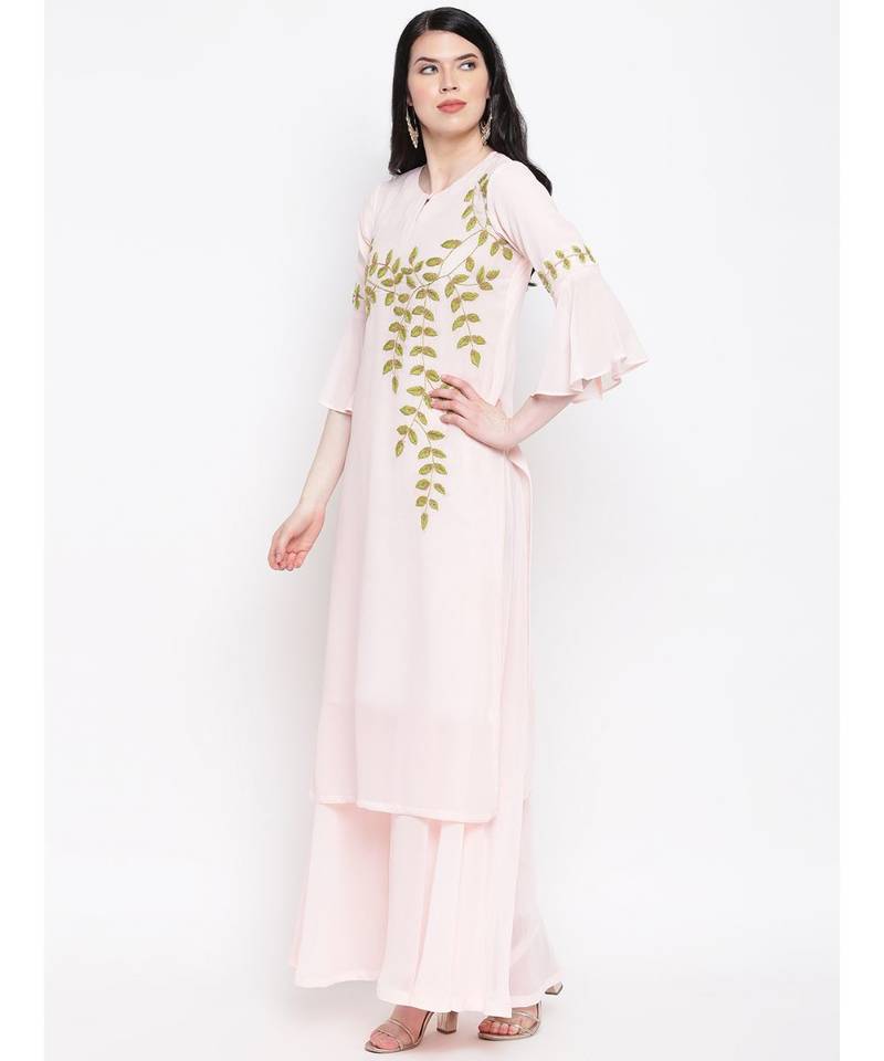 Georgette peach colour hand embroided kurti with flared palazzo