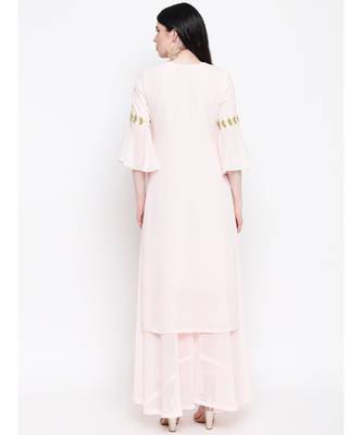 Georgette peach colour hand embroided kurti with flared palazzo 4