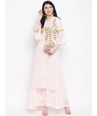 Georgette peach colour hand embroided kurti with flared palazzo 5