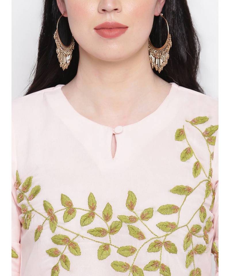 Georgette peach colour hand embroided kurti with flared palazzo