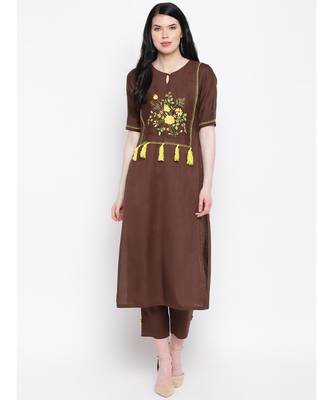 Cotton rayon hand embroided dark brown kurti with matching trousers 1