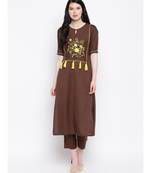 Cotton rayon hand embroided dark brown kurti with matching trousers