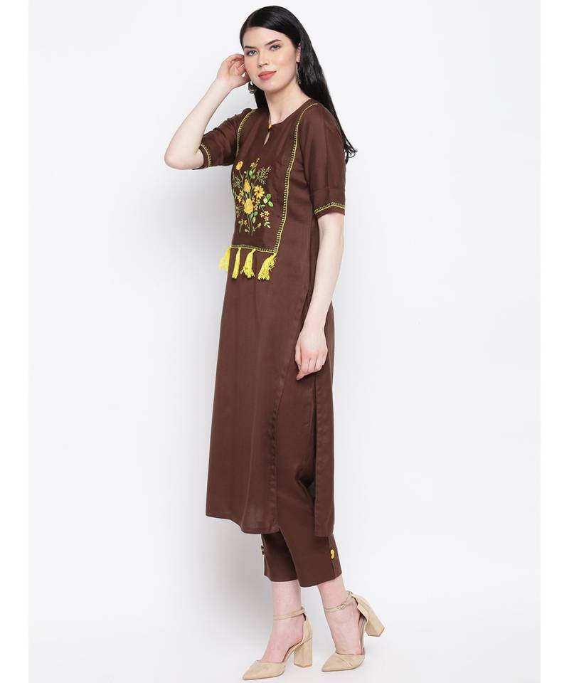 Cotton rayon hand embroided dark brown kurti with matching trousers