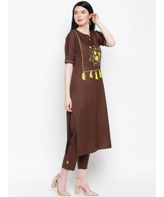 Cotton rayon hand embroided dark brown kurti with matching trousers 3