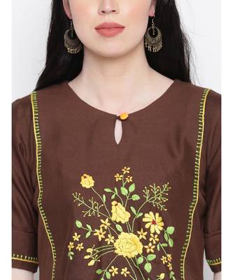 Cotton rayon hand embroided dark brown kurti with matching trousers 4