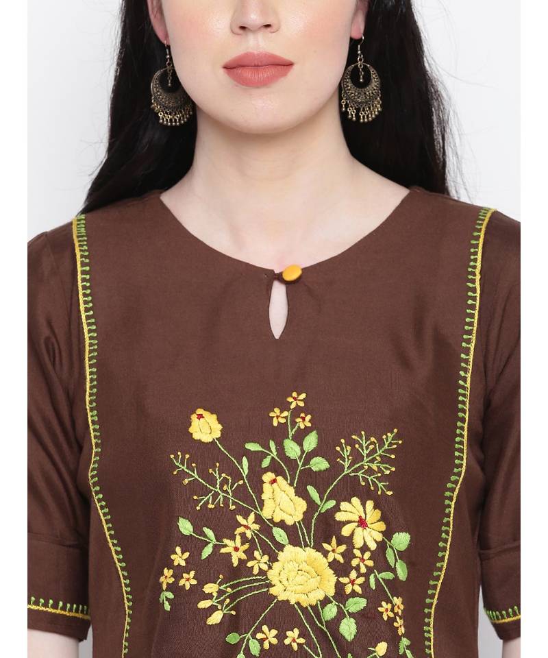 Cotton rayon hand embroided dark brown kurti with matching trousers