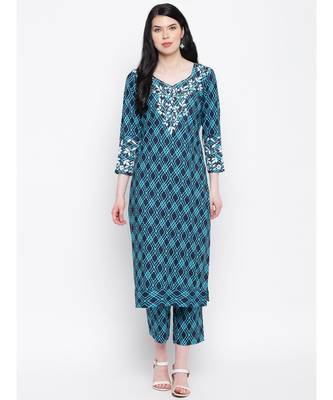 Blue Chikankari cotton kurti with prints paired with trouser 1
