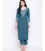 Blue Chikankari cotton kurti with prints paired with trouser