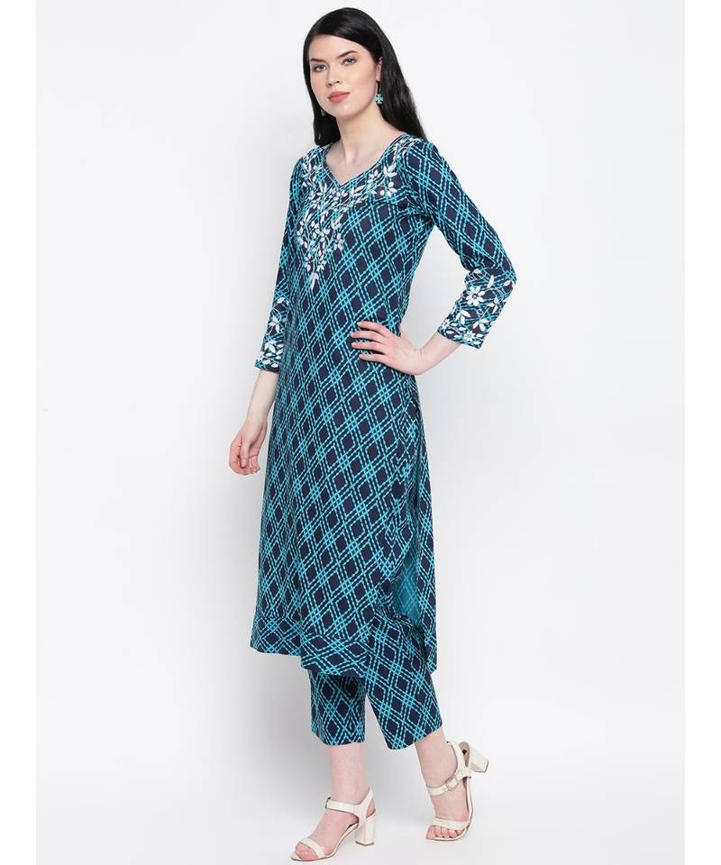 Blue Chikankari cotton kurti with prints paired with trouser