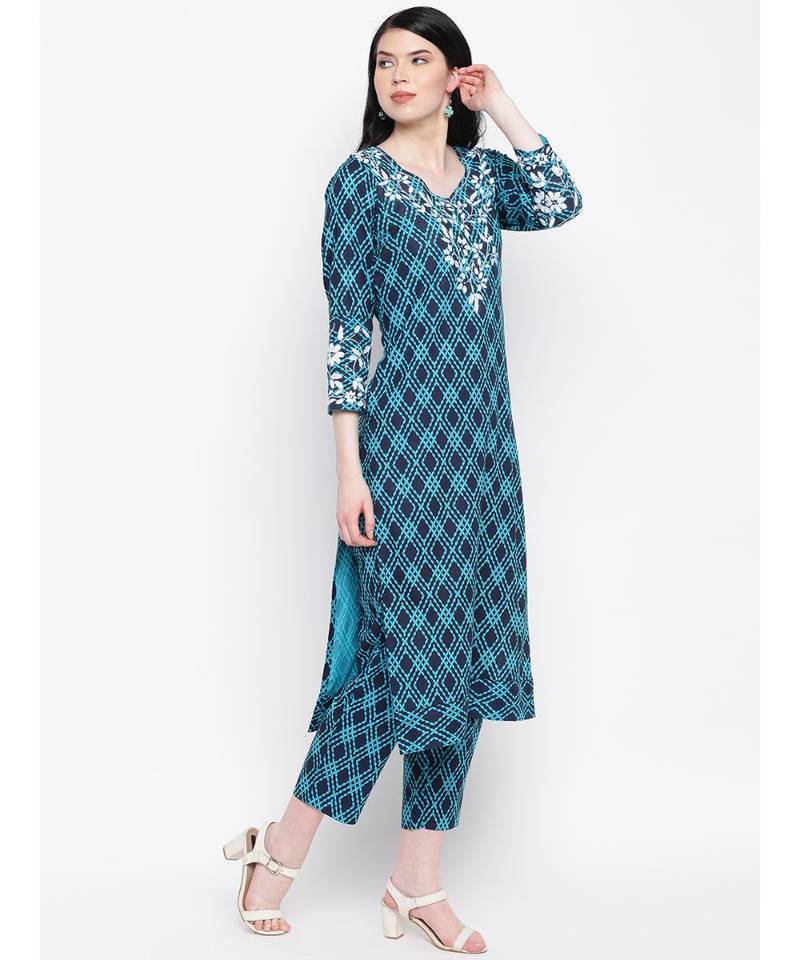 Blue Chikankari cotton kurti with prints paired with trouser
