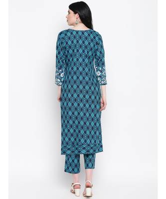 Blue Chikankari cotton kurti with prints paired with trouser 4