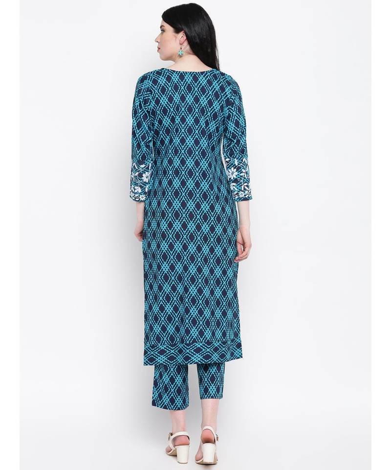 Blue Chikankari cotton kurti with prints paired with trouser