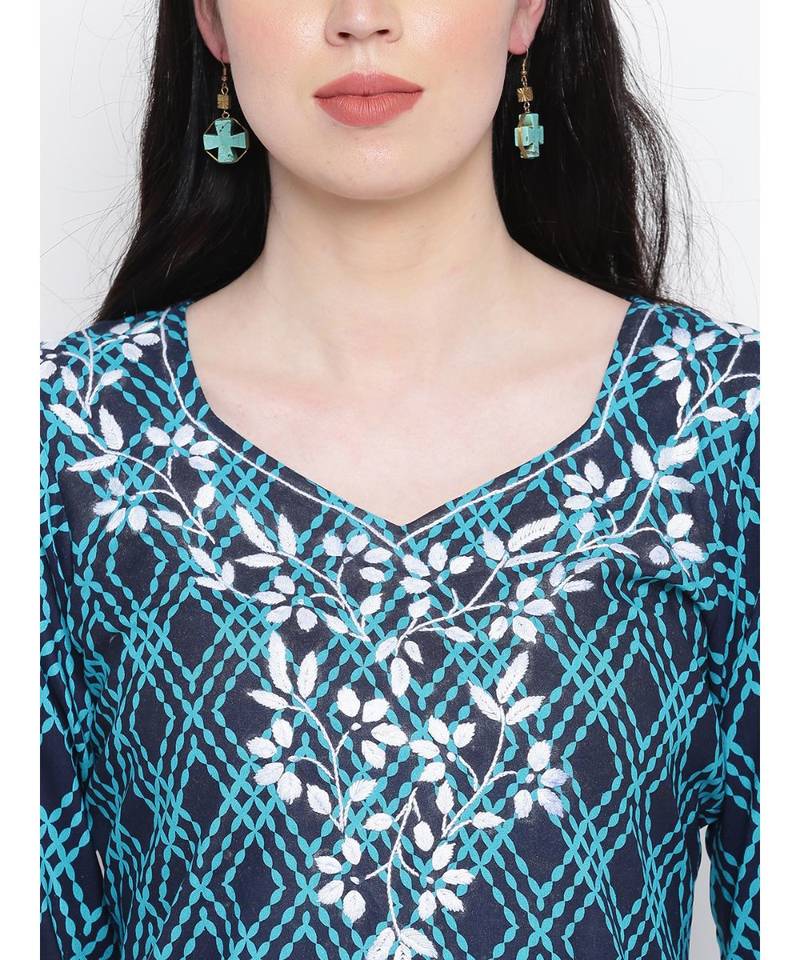 Blue Chikankari cotton kurti with prints paired with trouser