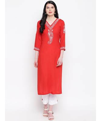 Red Cotton chikankari Rayon kurti with White cotton rayon trousers 1