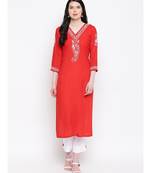 Red Cotton chikankari Rayon kurti with White cotton rayon trousers