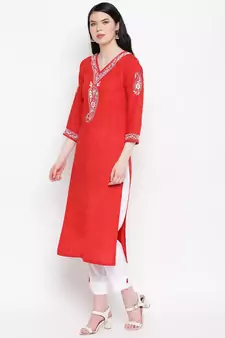 Red Cotton chikankari Rayon kurti with White cotton rayon trousers