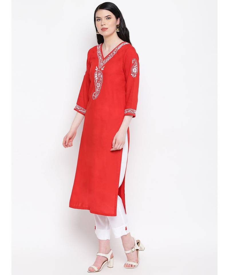 Red Cotton chikankari Rayon kurti with White cotton rayon trousers