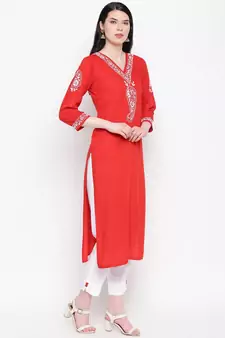 Red Cotton chikankari Rayon kurti with White cotton rayon trousers