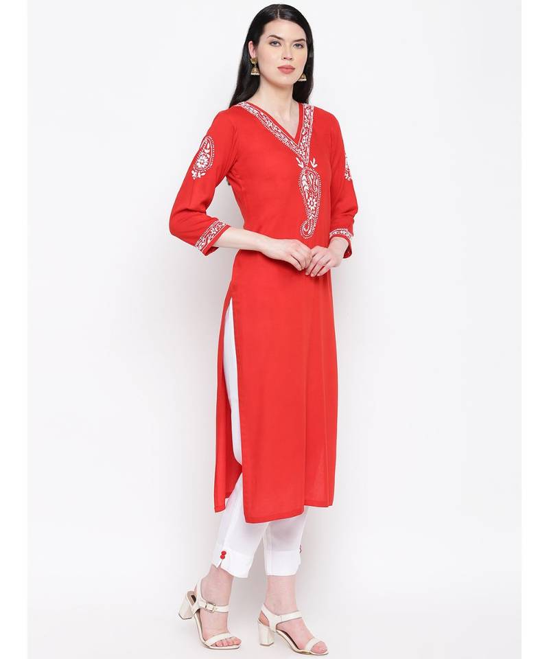 Red Cotton chikankari Rayon kurti with White cotton rayon trousers