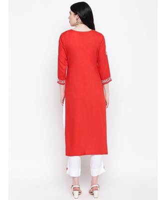 Red Cotton chikankari Rayon kurti with White cotton rayon trousers 4