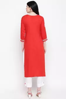 Red Cotton chikankari Rayon kurti with White cotton rayon trousers